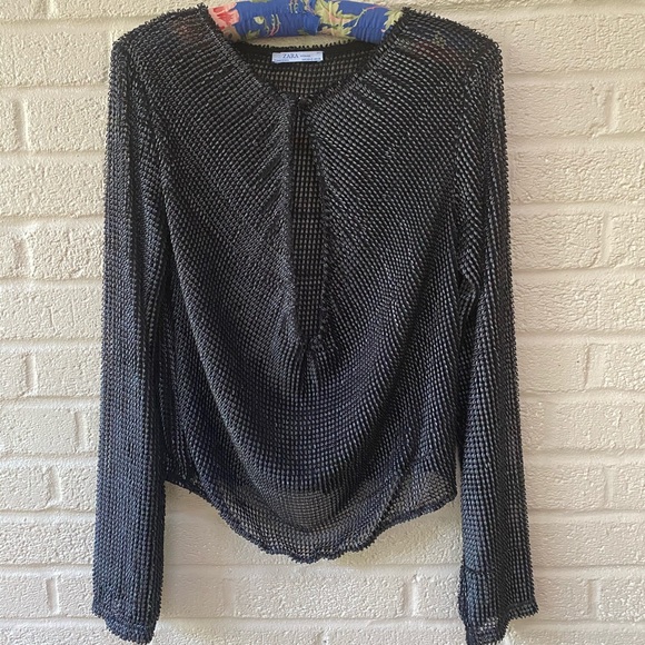 Zara Black Keyhole Long Sleeve Blouse - Picture 1 of 3